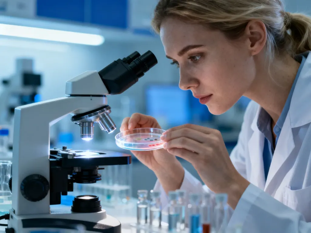 Laborantka analizująca próbkę pod mikroskopem w nowoczesnym laboratorium medycznym.
