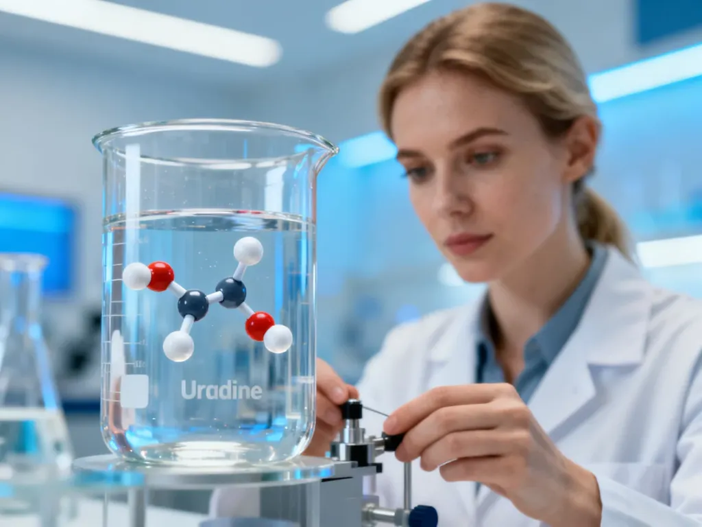 Naukowiec w nowoczesnym laboratorium przygotowuje model cząsteczki urydyny do badań naukowych.