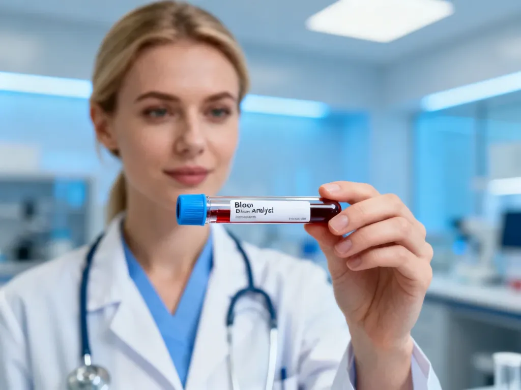 Pracownik medyczny trzymający probówkę z krwią w nowoczesnym laboratorium, przygotowaną do badania diagnostycznego.