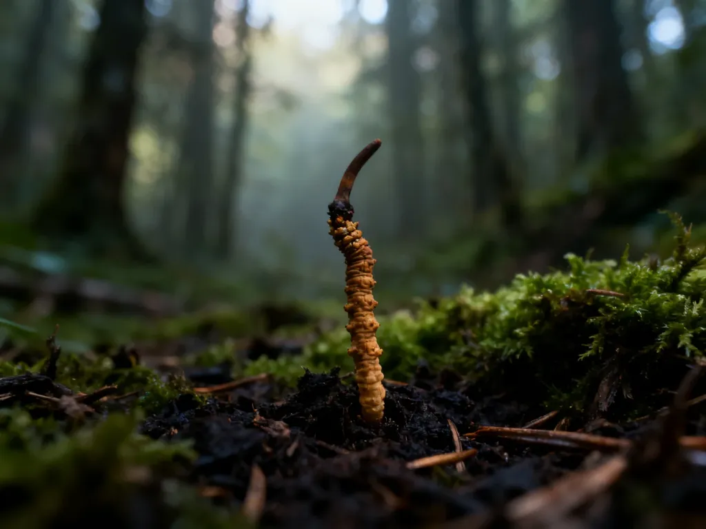 Grzyb Cordyceps wyrastający z mszystego podłoża leśnego w miękkim świetle poranka.