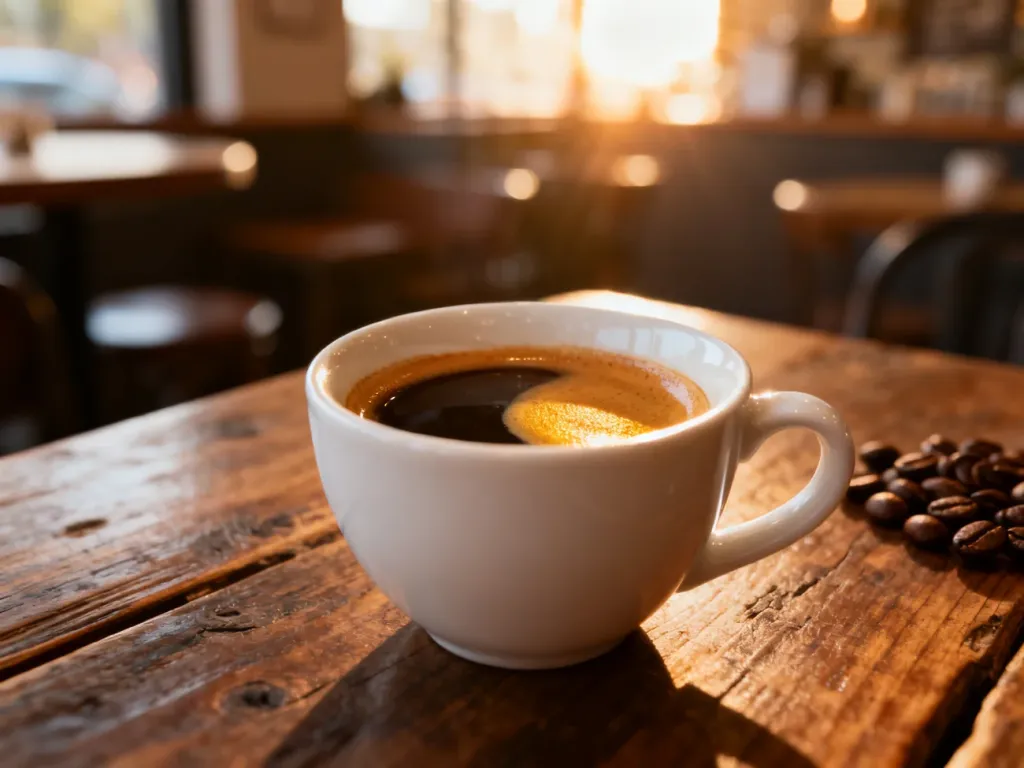 Podwójne espresso w białej filiżance z gęstą cremą, ustawione na rustykalnym drewnianym stole w przytulnej kawiarni.