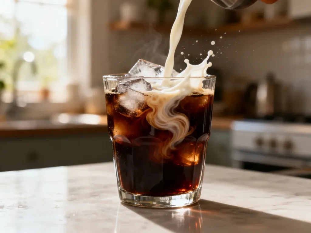 Szklanka cold brew z lodem i wirującą chmurką mleka w przytulnej, słonecznej kuchni.