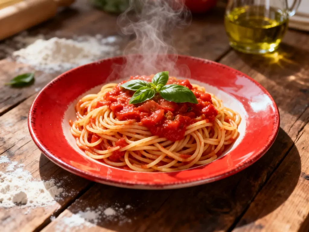 Talerz spaghetti z sosem pomidorowym i bazylią na drewnianym stole, prezentujący apetyczne i domowe danie.
