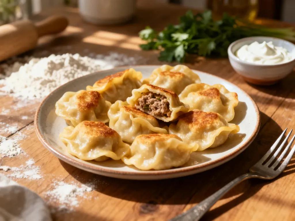 Talerz świeżych, parujących pierogów z mięsem na drewnianym stole w rustykalnej kuchni.