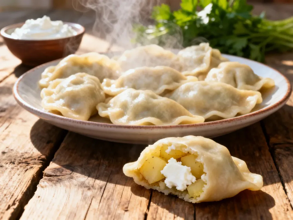 Talerz świeżych pierogów ruskich z nadzieniem z ziemniaków i twarogu, podanych z kwaśną śmietaną na drewnianym stole.