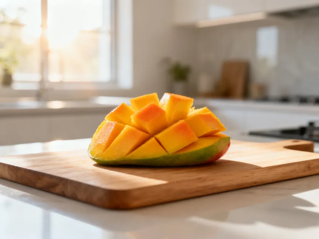 Pokrojone świeże mango na drewnianej desce w jasnej, nowoczesnej kuchni.